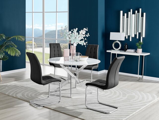 Novara White High Gloss 120cm Round Dining Table & 4 Murano Chairs