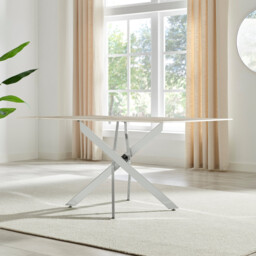 Leonardo Rectangular White Marble Glass and Silver Metal 6 Seater Dining Table - thumbnail 3
