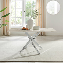 Leonardo Rectangular White Marble Glass and Silver Metal 6 Seater Dining Table