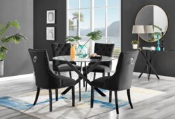 Novara Black Leg 120cm Round Glass Dining Table & 4 Belgravia Velvet Black Leg Chairs