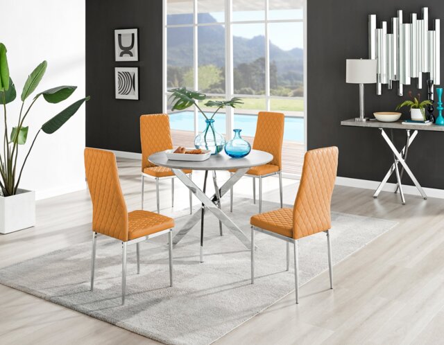 Novara Grey Concrete Effect Round Dining Table & 4 Milan Chrome Leg Chairs - image 1