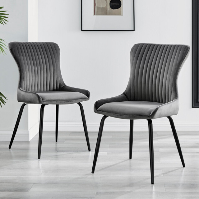 2x Nora Dark Grey Velvet Dining Chairs Black Legs - image 1