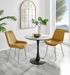 Elina White Marble Effect Round Dining Table & 2 Pesaro Silver Chairs