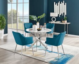 Novara White Marble Round Dining Table & 4 Calla Silver Leg Chairs - thumbnail 1