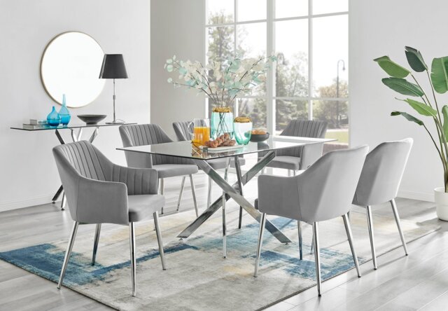 Leonardo Glass and Chrome Dining Table & 6 Calla Silver Leg Velvet Chairs - image 1