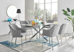 Leonardo Glass and Chrome Dining Table & 6 Calla Silver Leg Velvet Chairs - thumbnail 1