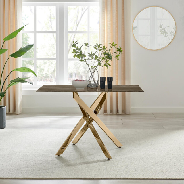 Leonardo Rectangle Brown/Grey Marble Glass and Gold Metal 4 Seat Dining Table - image 1