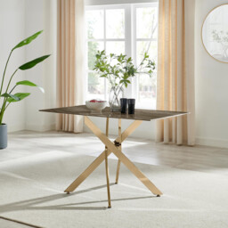 Leonardo Rectangle Brown/Grey Marble Glass and Gold Metal 4 Seat Dining Table - thumbnail 2