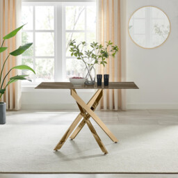 Leonardo Rectangle Brown/Grey Marble Glass and Gold Metal 4 Seat Dining Table