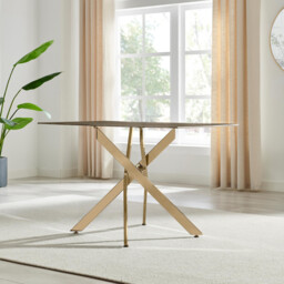 Leonardo Rectangle Brown/Grey Marble Glass and Gold Metal 4 Seat Dining Table - thumbnail 3