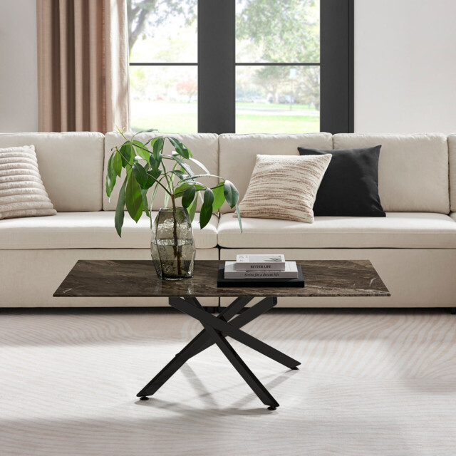 Leonardo Rectangle Brown/Grey Marble Glass & Black Coffee Table - image 1