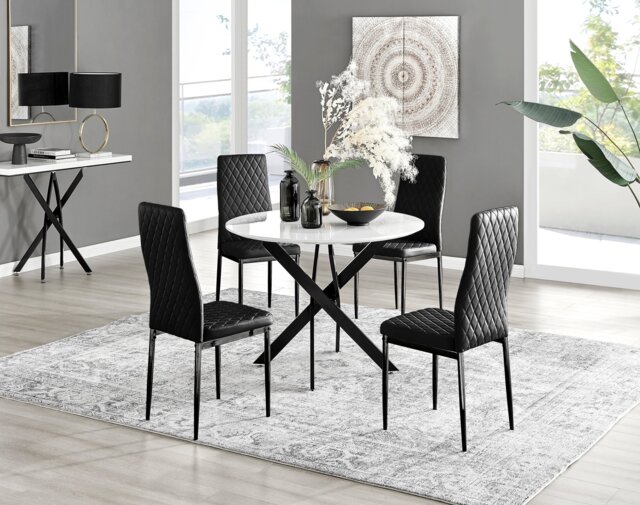 Novara White Gloss Black Leg Round Dining Table & 4 Velvet Milan Black Leg Chairs - image 1