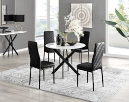Novara White Gloss Black Leg Round Dining Table & 4 Velvet Milan Black Leg Chairs - thumbnail 1
