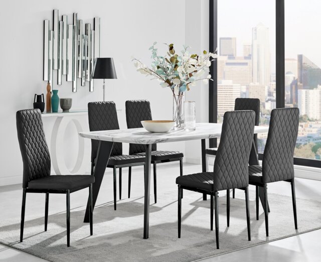 Andria Black Leg Marble Effect Dining Table and 6 Milan Black Leg Chairs - image 1