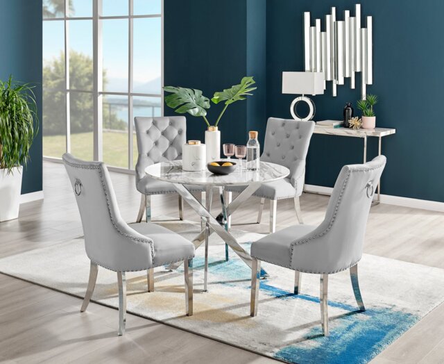 Novara White Marble Round Dining Table & 4 Velvet Belgravia Chairs - image 1
