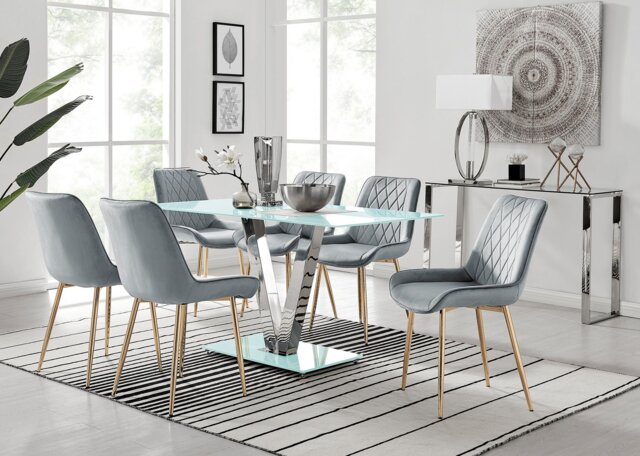 Florini V White Dining Table and 6 Pesaro Gold Leg Chairs