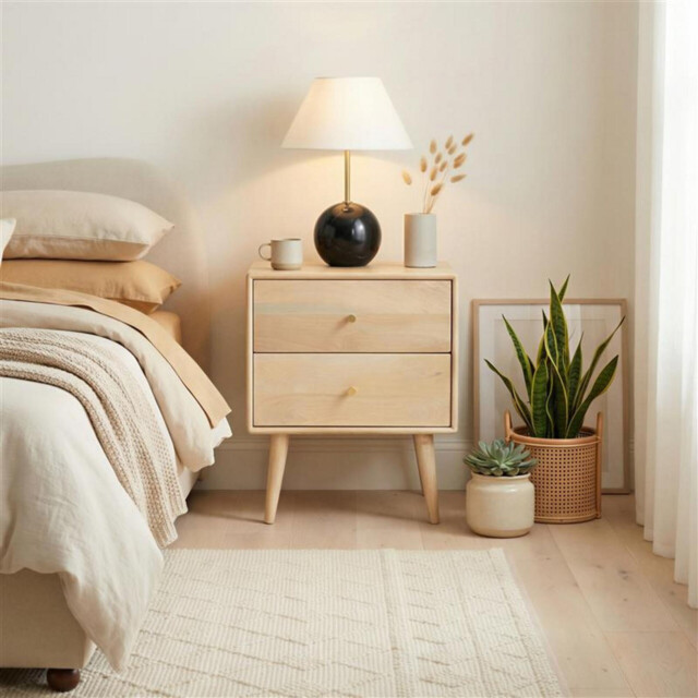 Ontario 2 Drawer Rectangle White Oak Wood Bedside Table - image 1