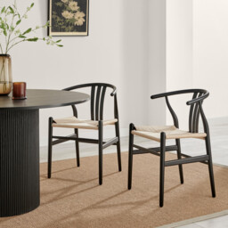 2x Caia Black Wood & Rope Wishbone Dining Chairs - thumbnail 1