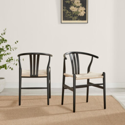 2x Caia Black Wood & Rope Wishbone Dining Chairs - thumbnail 2