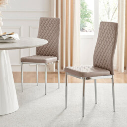 4x Milan Cappuccino Beige Hatched Faux Leather Dining Chairs Silver Legs