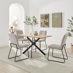 Leonardo Oak Effect Dining Table & 4 Halle Taupe Fabric Chairs - thumbnail 1