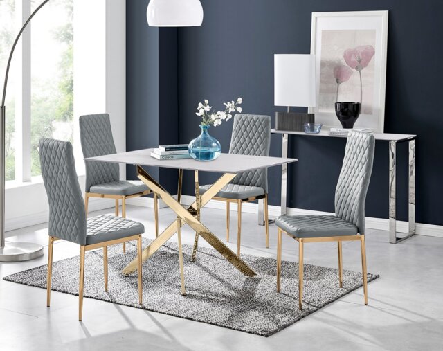 Leonardo White Glass Marble Effect Gold Leg Table & 4 Milan Gold Leg Chairs - image 1
