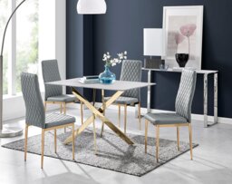 Leonardo White Glass Marble Effect Gold Leg Table & 4 Milan Gold Leg Chairs - thumbnail 1