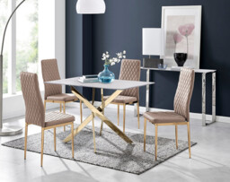 Leonardo White Glass Marble Effect Gold Leg Table & 4 Milan Gold Leg Chairs - thumbnail 2