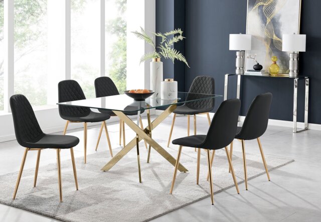 Leonardo 6 Gold Dining Table and 6 Corona Gold Leg Chairs - image 1