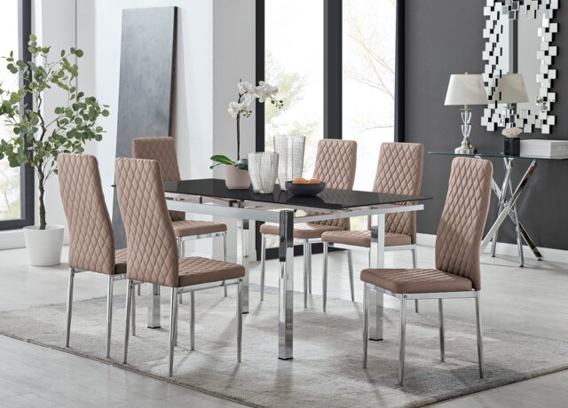 Enna Black Glass Extending Dining Table and 6 Milan Chairs - image 1