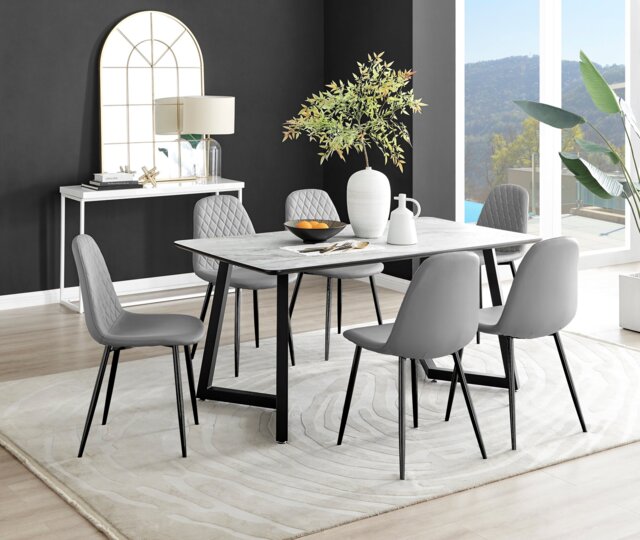 Carson White Marble Effect Dining Table & 6 Corona Black Leg Chairs - image 1