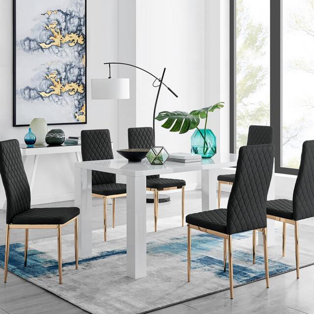 Pivero 6 White Dining Table and 6 Gold Leg Milan Chairs - image 1
