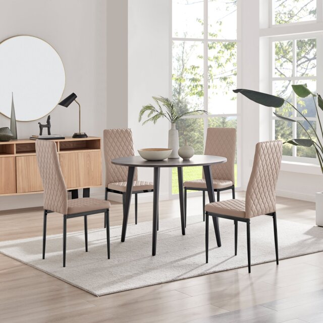 Koko Walnut Effect Round Dining Table & 4 Milan Black Leg Chairs - image 1