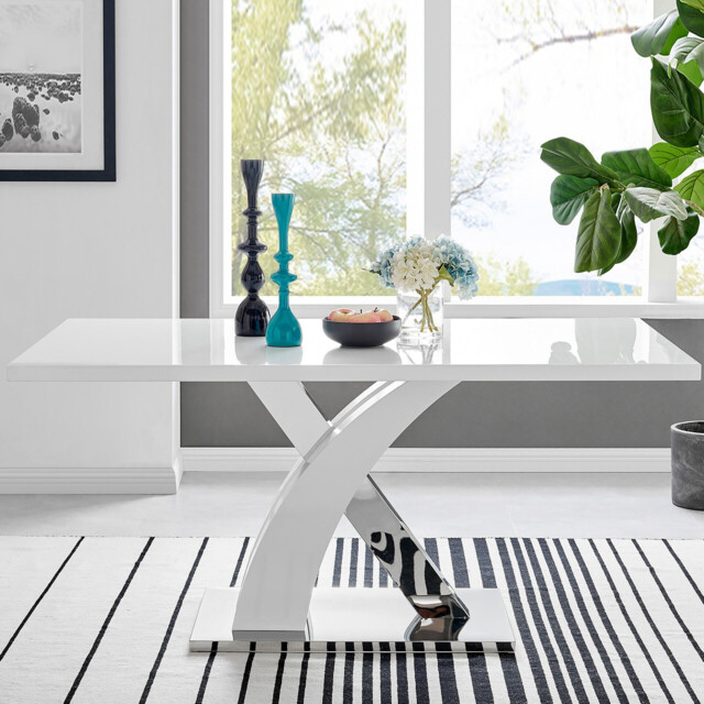 Atlanta Rectangular White High Gloss and Silver Metal 6 Seater Dining Table - image 1