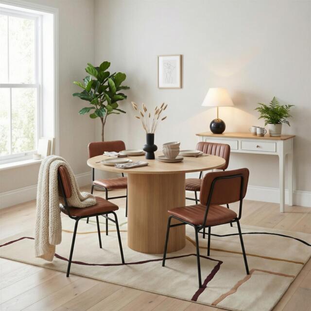 Penrose Oak Round Dining Table & 4 Tan Delta Chairs - image 1