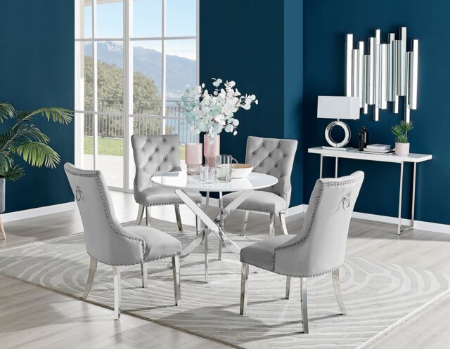 Novara White High Gloss Round Dining Table & 4 Velvet Belgravia Chairs - image 1