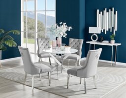 Novara White High Gloss Round Dining Table & 4 Velvet Belgravia Chairs