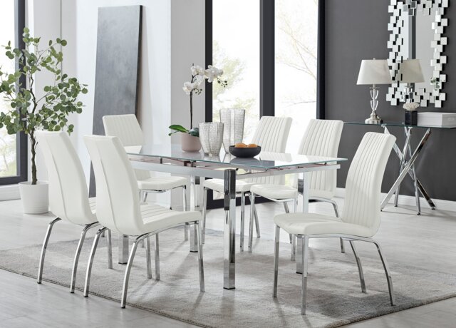 Enna White Glass Extending Dining Table and 6 Isco Chairs