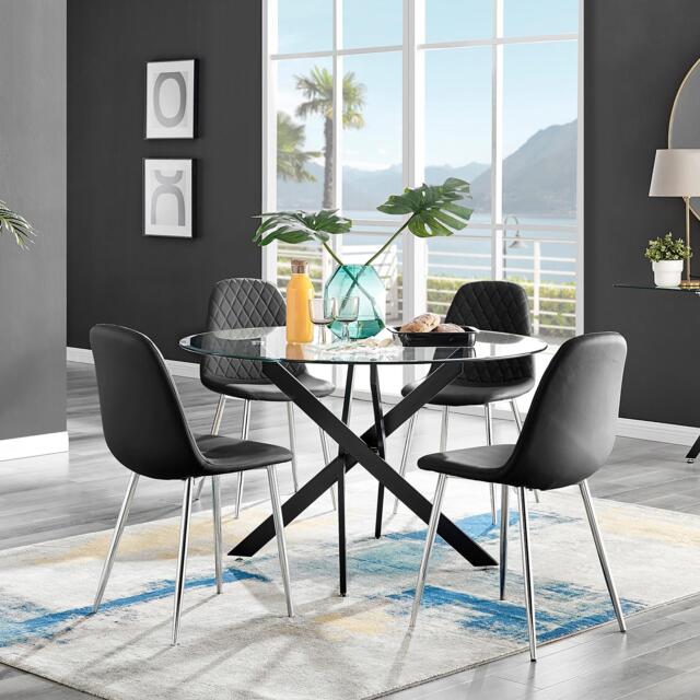 Novara Black Leg 120cm Round Glass Dining Table & 4 Corona Silver Chairs - image 1