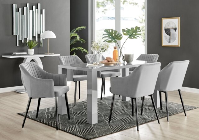 Pivero Grey High Gloss Dining Table & 6 Calla Black Leg Velvet Chairs