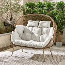 Beige Rattan & Cream Garden Double Egg Chair Seat - thumbnail 1