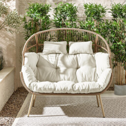 Beige Rattan & Cream Garden Double Egg Chair Seat - thumbnail 2