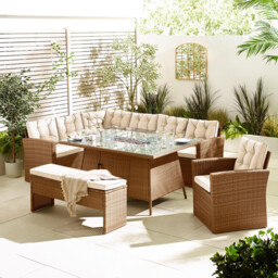 Marbella Beige Rattan 9 Seat Sofa Garden Dining Set with Firepit Table - thumbnail 2