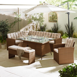 Marbella Beige Rattan 9 Seat Sofa Garden Dining Set with Firepit Table - thumbnail 1
