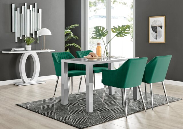 Pivero Grey High Gloss Dining Table & 4 Calla Silver Leg Velvet Chairs