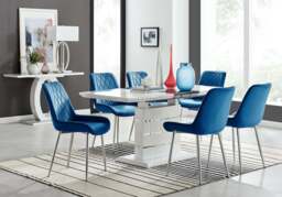 Furniturebox Renato High Gloss Extending Dining Table and 6 Pesaro Silver Leg Chairs, Engineered Wood/Velvet/Metal in Navy - Size: 53x87x63 cm - thumbnail 1