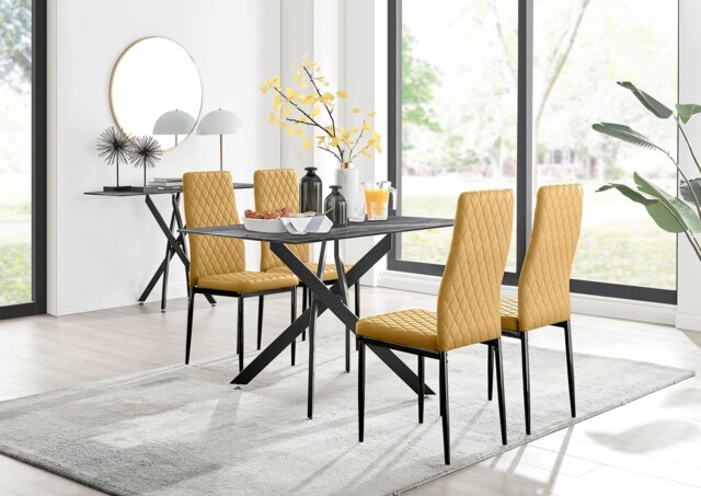 Leonardo Brown/Grey Glass Marble Effect Black Leg Table & 4 Velvet Milan Black Leg Chairs - image 1