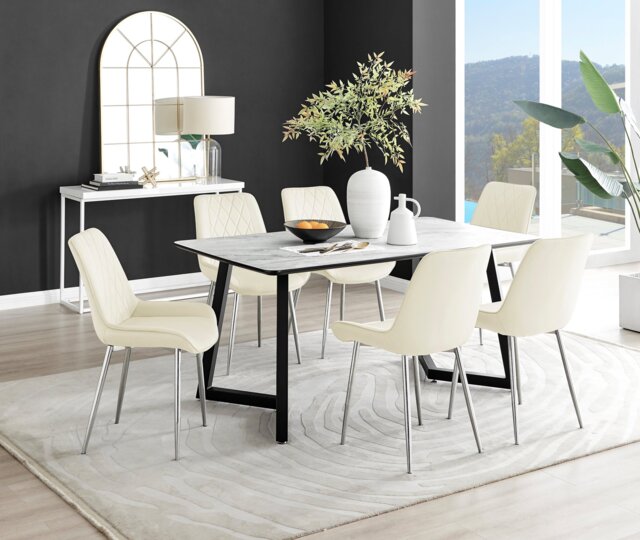 Carson White Marble Effect Dining Table & 6 Pesaro Silver Chairs - image 1