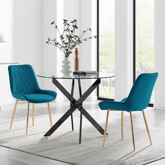 Novara 100cm Round Black Leg Dining Table & 2 Pesaro Gold Leg Chairs - image 1