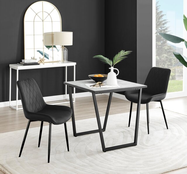 Carson White Marble Effect Square Dining Table & 2 Pesaro Black Leg Chairs - image 1
